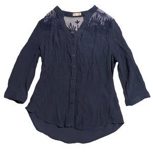 Medium Navy Blouse with Lace Neckline